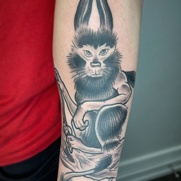 atticus tattoo, black and grey tattoo of a Puka, an Irish Folklore creature