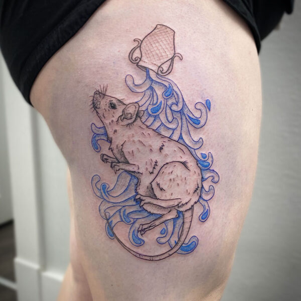 atticus tattoo, line tattoo of a rat with swirls of blue water behind it