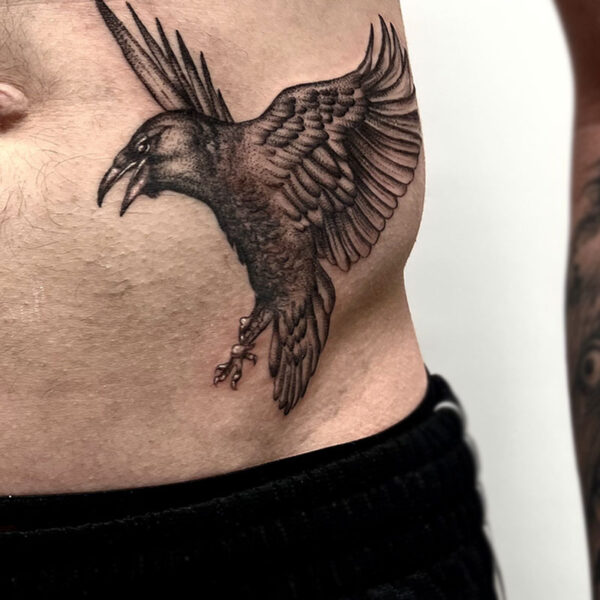 atticus tattoo, black and grey tattoo of a raven