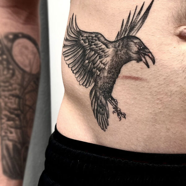 atticus tattoo, black and grey tattoo of a raven