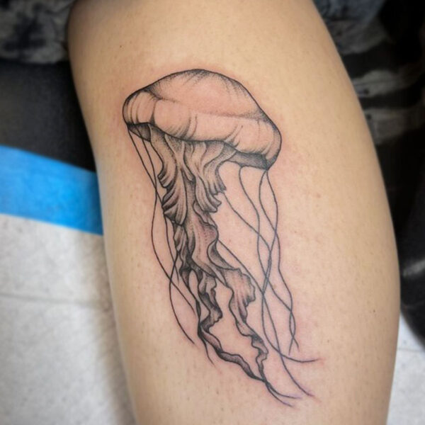 atticus tattoo, black and grey tattoo of a jellyfish