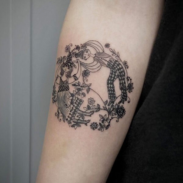 atticus tattoo, black and grey tattoo of a girl and boy dancing with flowers