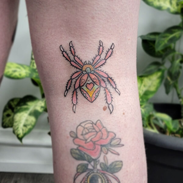 atticus tattoo, american traditional tattoo of a pink and orange spider