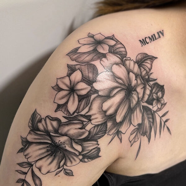 atticus tattoo, black and grey tattoo of flowers