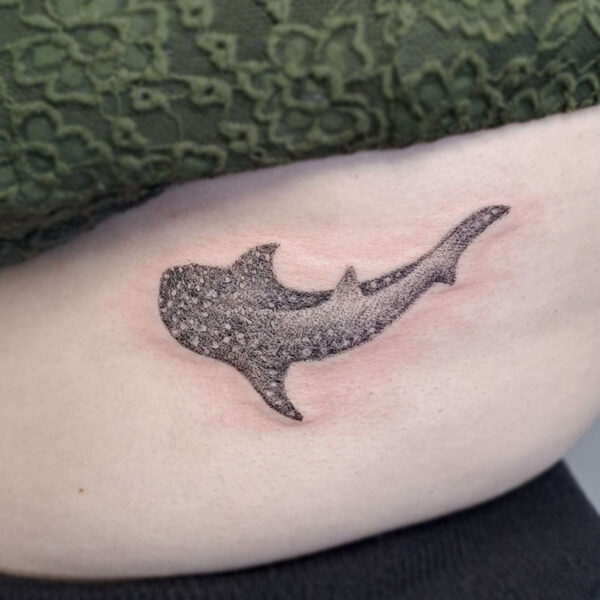 atticus tattoo, black and grey tattoo of a whale shark