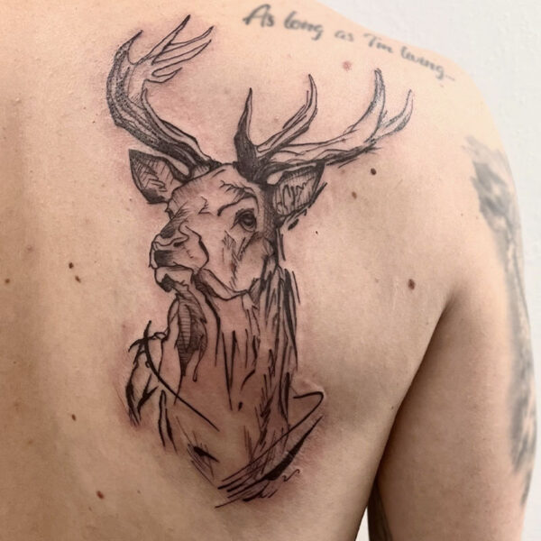 atticus tattoo; black and grey sketch tattoo of a buck with antlers