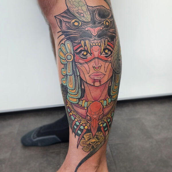 atticus tattoo, neotraditional tattoo of an aztec woman with a panther hood and snake on her head