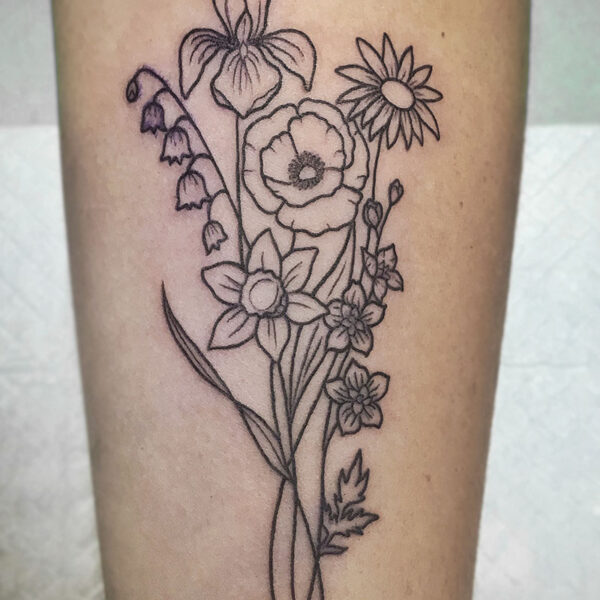 atticus tattoo, black and grey tattoo of a bouquet of flowers