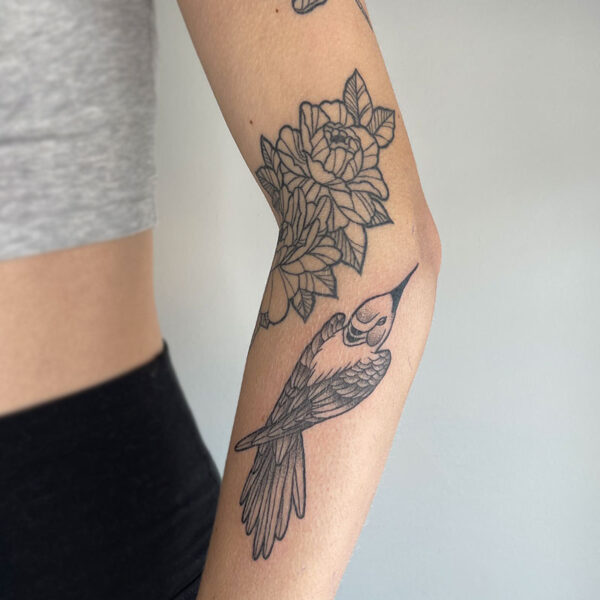 atticus tattoo, black and grey tattoo of a bird