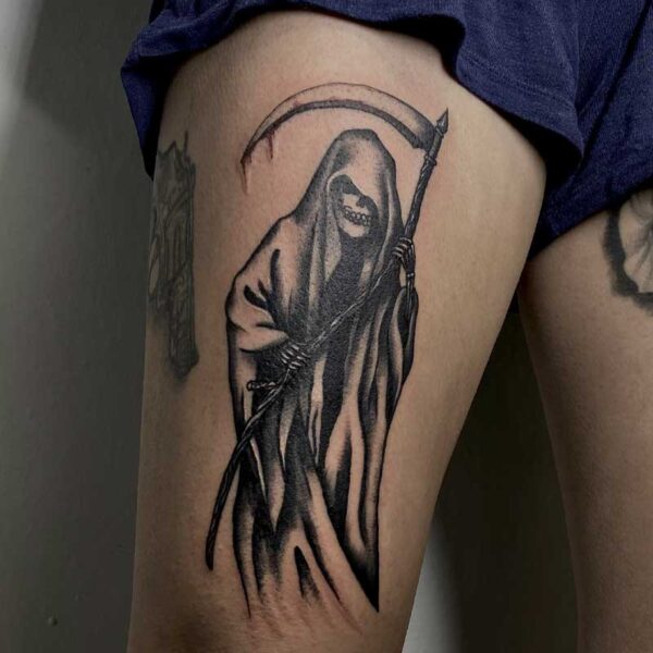 atticus tattoo, black and grey tattoo of the grim reaper