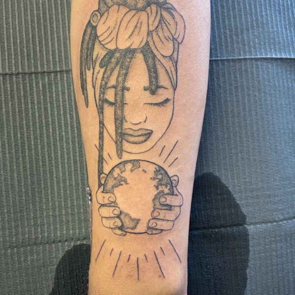 atticus tattoo, black and grey tattoo of a girl with dreadlocks holding the world in her hands