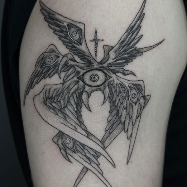 atticus tattoo, black and grey tattoo of a Seraphim
