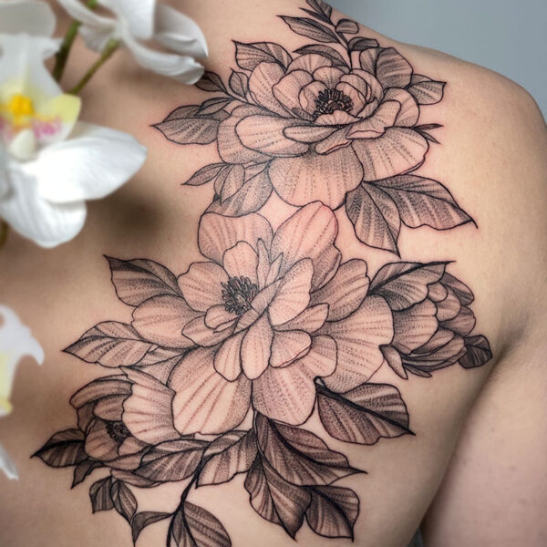 atticus tattoo, fine line tattoo of large flowers