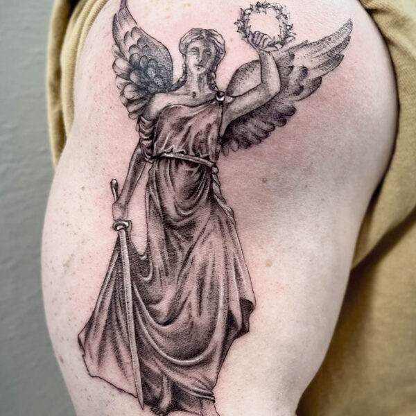atticus tattoo, black and grey realism tattoo of an angel holding a crown of thorns and a sword