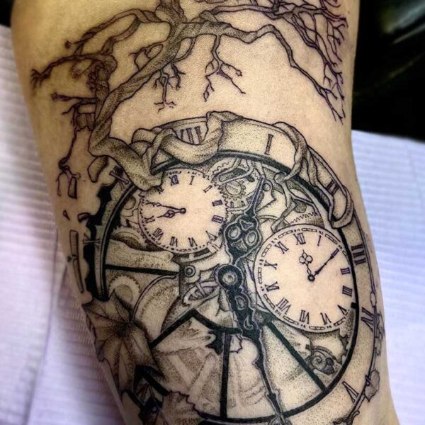 atticus tattoo, black and grey tattoo of a highly detailed clock with a tree growing out of it