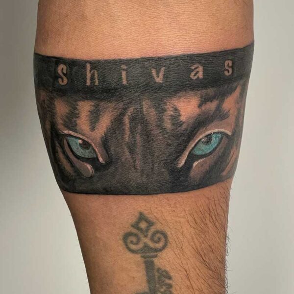 atticus tattoo, black and grey arm band tattoo of a tiger with blue eyes and the word "Shivas"