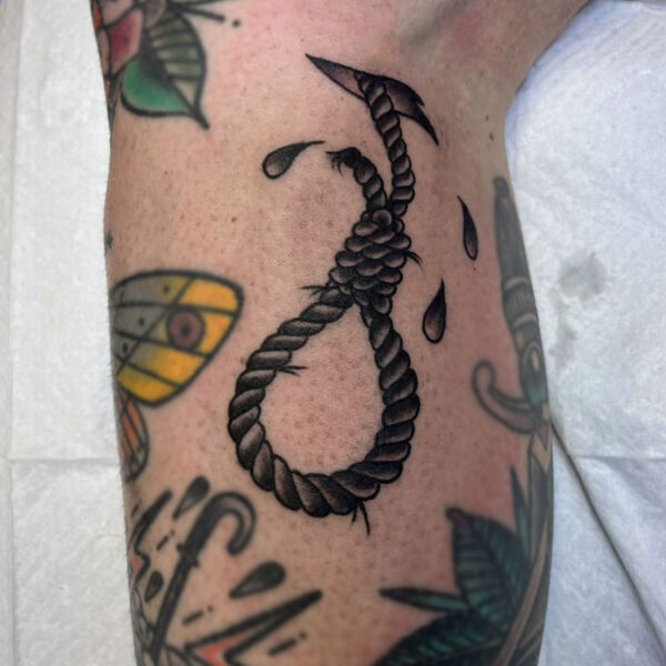 atticus tattoo, black and grey American traditional tattoo of a noose