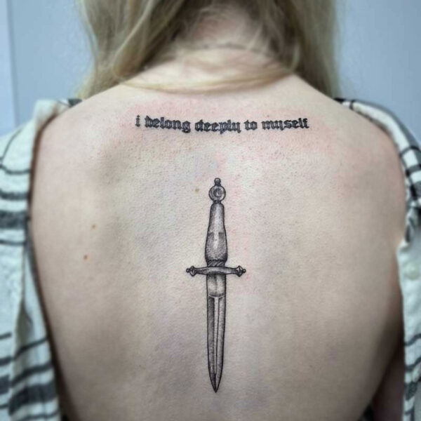 atticus tattoo, black and grey tattoo of a dagger