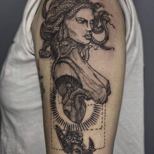 atticus tattoo, black and grey abstract tattoo of Medusa
