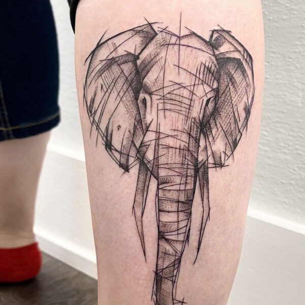 atticus tattoo, black and grey sketch tattoo of an elephant