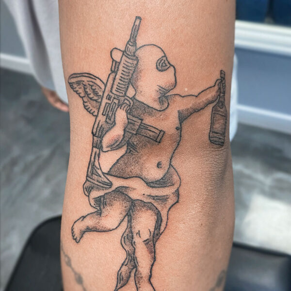 atticus tattoo, black and grey tattoo of cupid in a ski mask, holding a bottle of beer and a machine gun