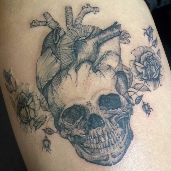 atticus tattoo, black and grey realism tattoo of a human skull with a human heart coming out of its head and roses behind it