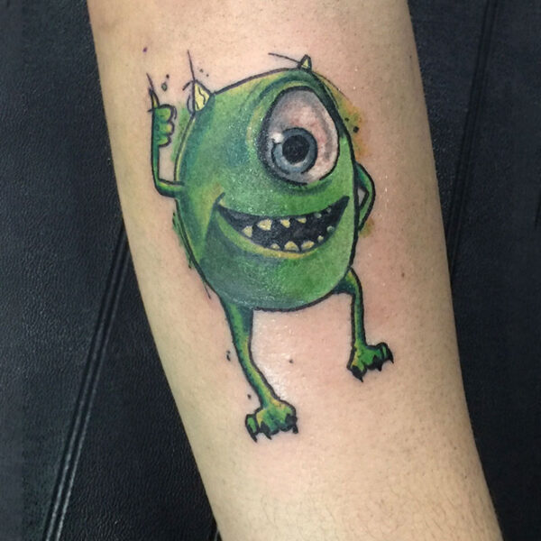 atticus tattoo, coloured tattoo of Mike from Monster's Inc