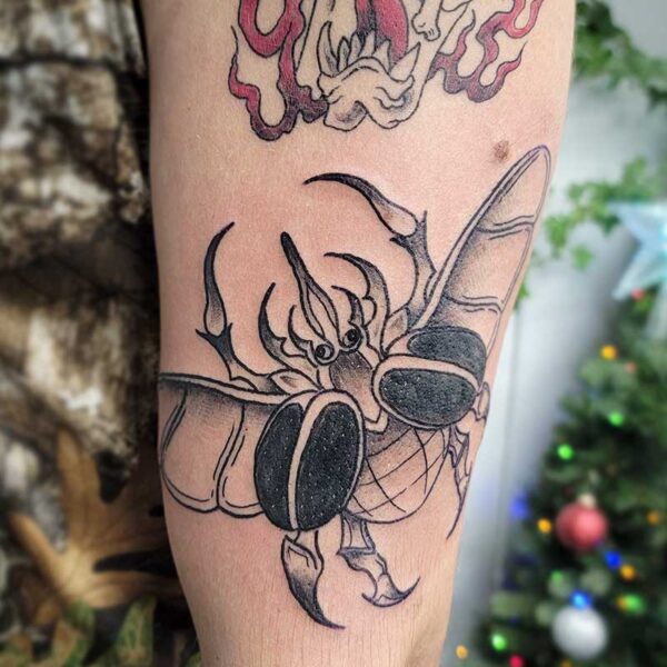 atticus tattoo, black and grey traditional tattoo of a stag beetle