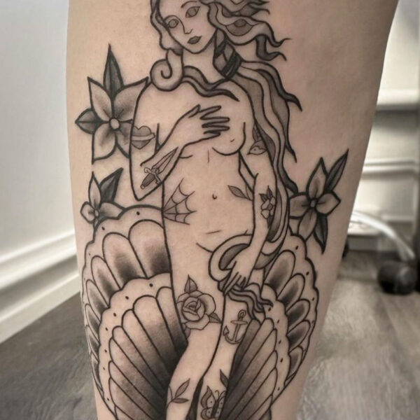 atticus tattoo, black and grey tattoo of the Birth of Venus with tattoo all over her body