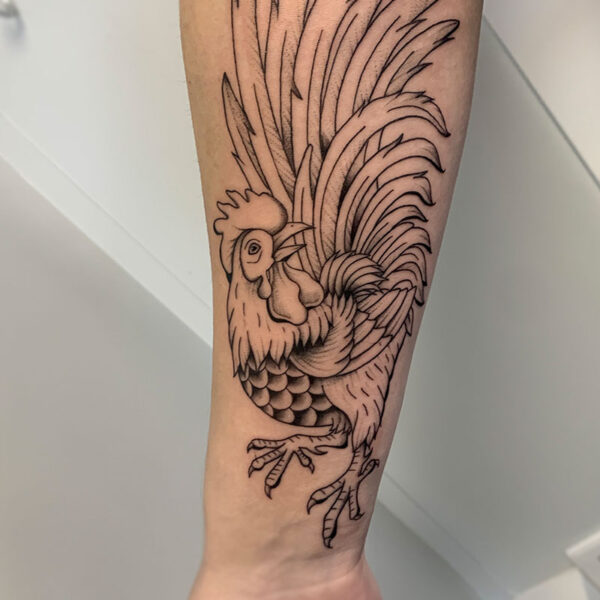 atticus tattoo, black and grey tattoo of a rooster