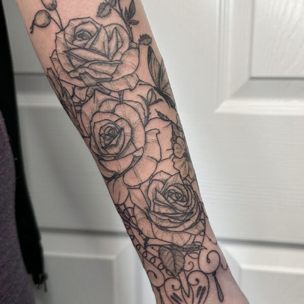 atticus tattoo, black and grey tattoo of roses