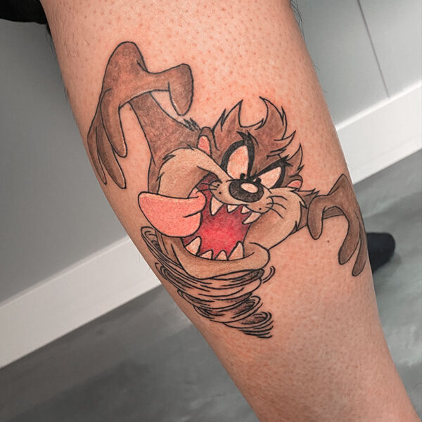 atticus tattoo, coloured tattoo of Taz from Loonie Tunes
