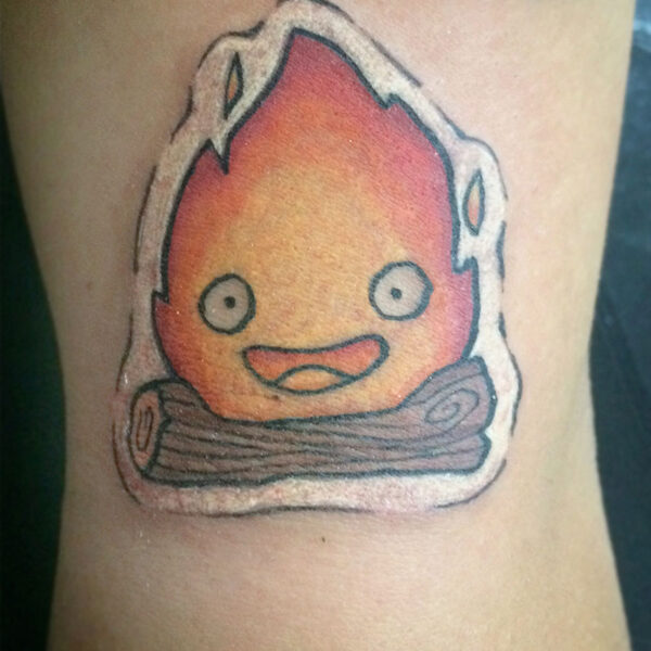 atticus tattoo, coloured, sticker tattoo of the fire from Howl's Moving Castle