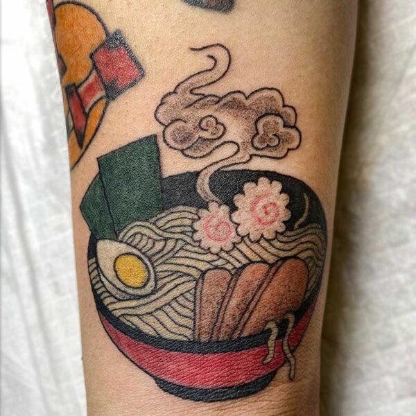 atticus tattoo, coloured neotraditional tattoo of a bowl of ramen