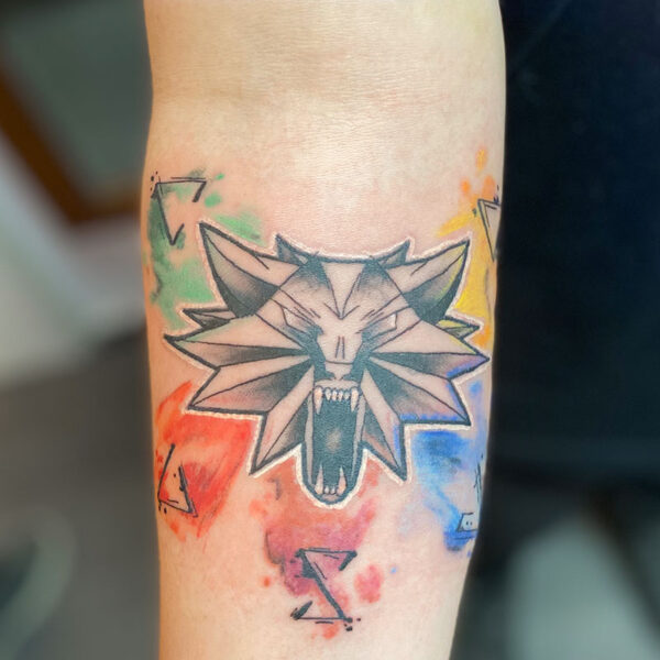 atticus tattoo, Legend of Zelda tattoo of a wolf head with rainbow splatters
