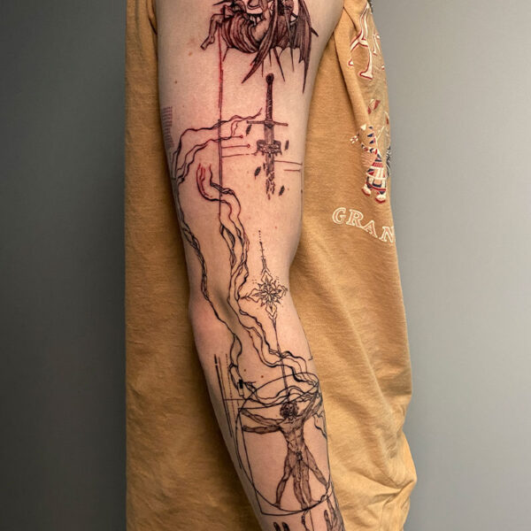 atticus tattoo, black and grey abstract tattoo with renaissance art mixed in