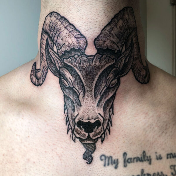 atticus tattoo, black and grey neck tattoo of a ram