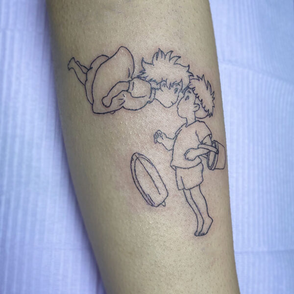 atticus tattoo, anime tattoo of Ponyo and Sosuke from "Ponyo"