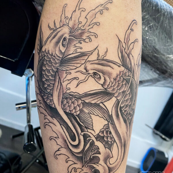 atticus tattoo, japanese traditional tattoo of koi fish and waves