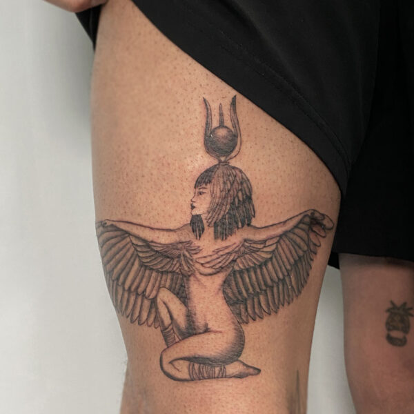 atticus tattoo, black and grey tattoo of Egyptian goddess, Isis