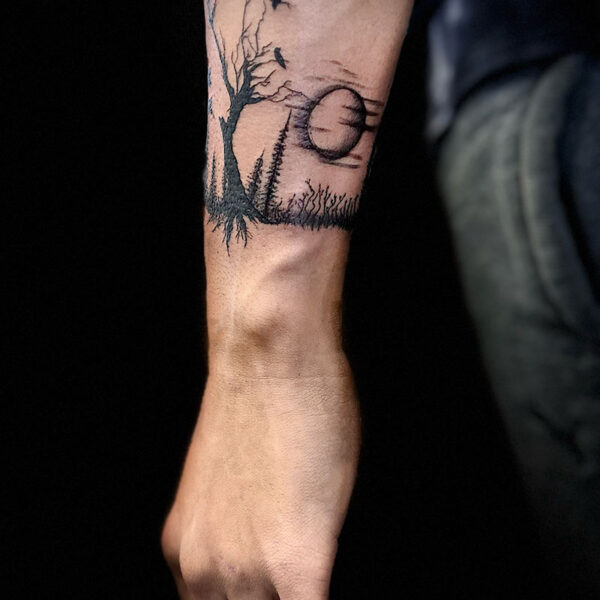 atticus tattoo, black tattoo of the silhouette of trees, birds and the moon