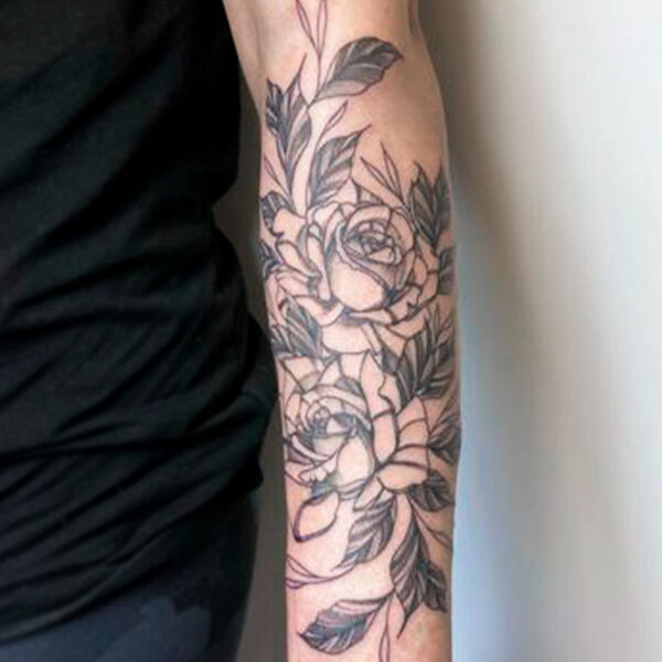 atticus tattoo, black and grey tattoo of roses and the number 444