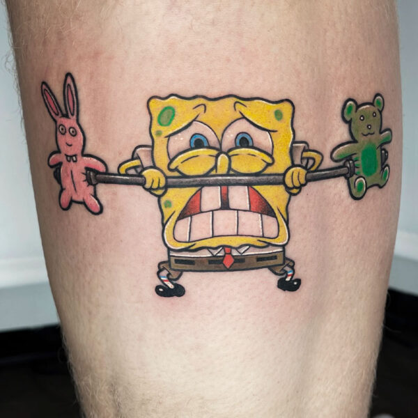 atticus tattoo, coloured tattoo of Spongebob weight lifting with gummy bears as the weights