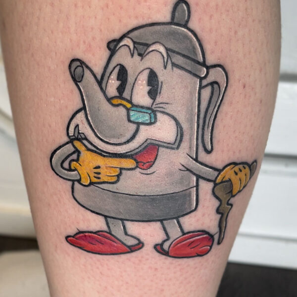 atticus tattoo, coloured neotraditional tattoo of Elder Kettle from Cuphead