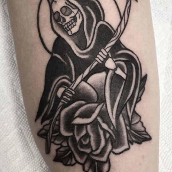 atticus tattoo, black and grey tattoo of a grim reaper with a rose