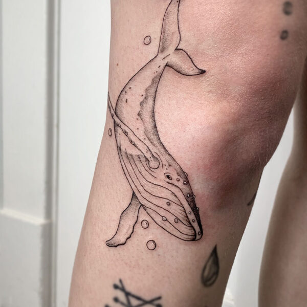 atticus tattoo, black and grey tattoo of a humpback whale
