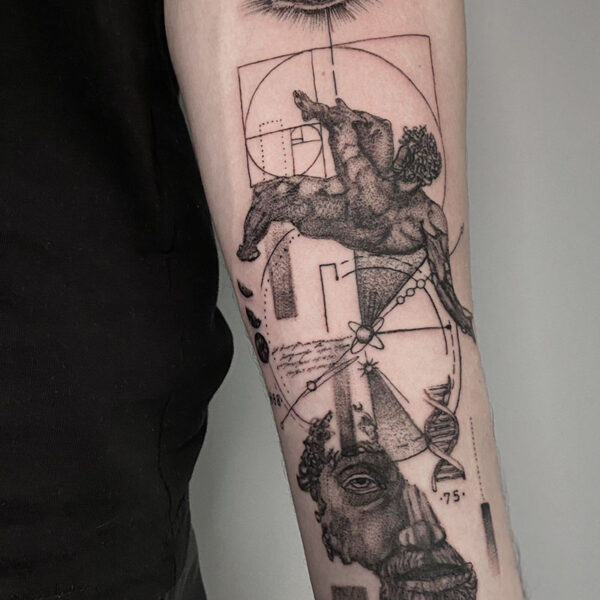 atticus tattoo, black and grey abstract tattoo with renaissance art mixed in