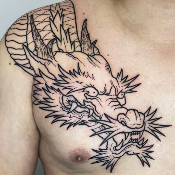 atticus tattoo, black and grey neotraditional tattoo of an asian dragon