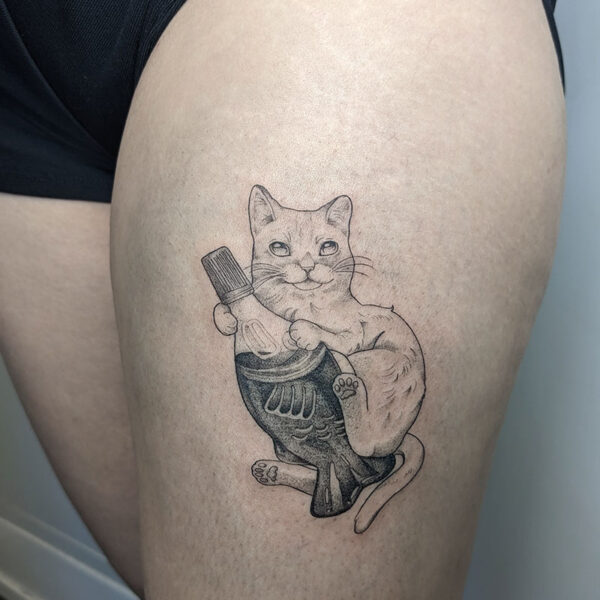 atticus tattoo, black and grey tattoo of a cat holding a bottle of fish sauce