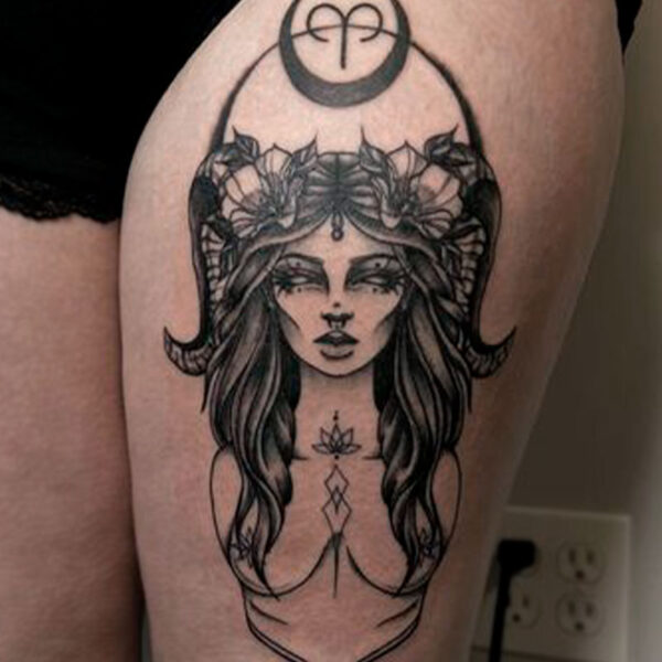 atticus tattoo, black and grey tattoo of a woman with ram horns and the Aries symbol above her head